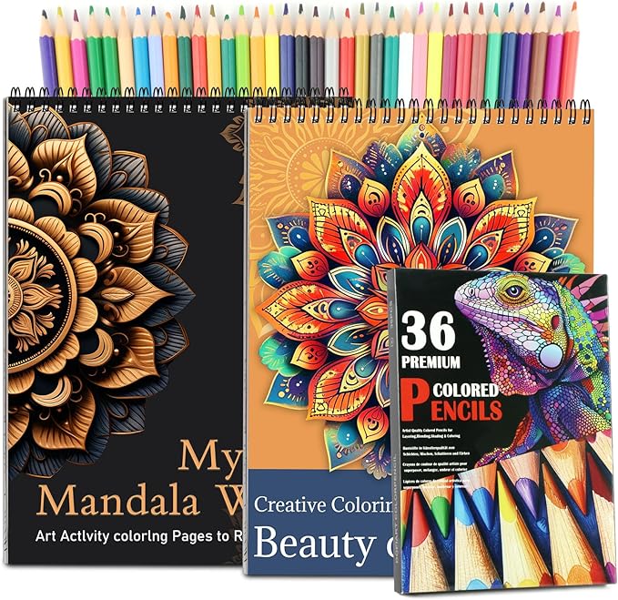 2Pcs Mandala Adult Coloring Books for Women Relaxation with 36 Color Pencils, Adult Coloring Book Spiral Bound, Thick Paper One Sided Design, Coloring Pencils for Adults with Mandala Coloring Books
