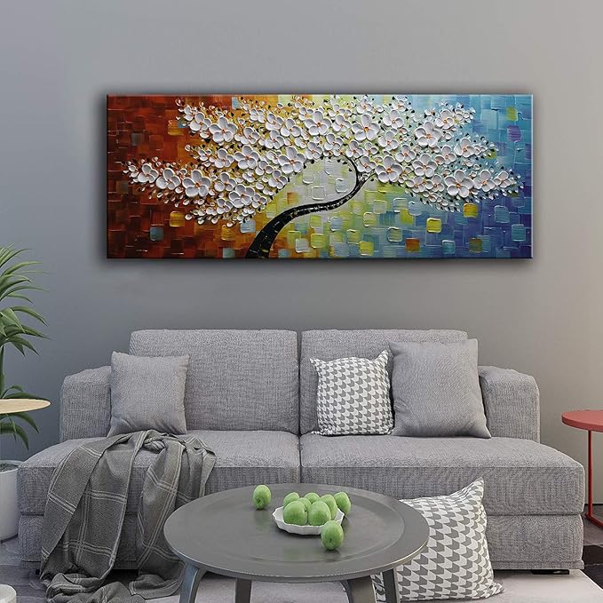 YaSheng Art -100% Hand Painted Contemporary Art 3D Whit Flowers Oil Painting On Canvas Texture Palette Knife Tree Paintings Modern Home living room Decor Art Large Abstract Canvas Art 24x60inch