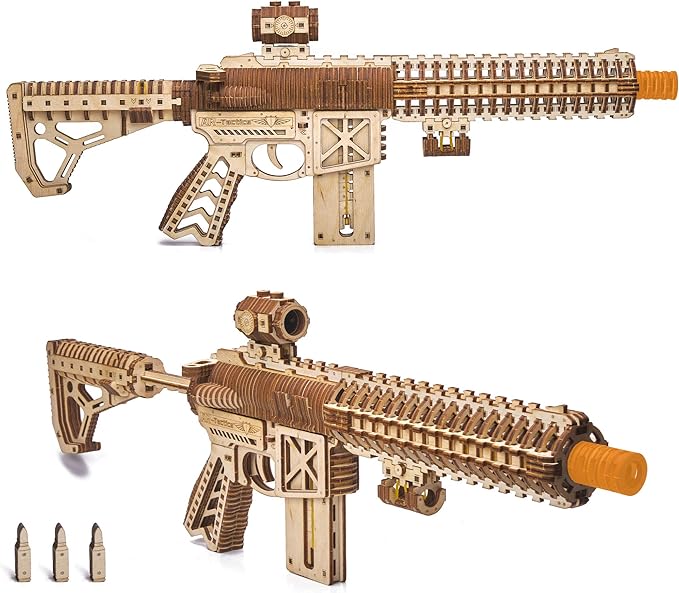 Wood Trick Gun AR-T 3D Wooden Puzzles for Adults - with Telescoping Butt, Fuse, Sight and Clip for 12 Rounds - Detailed Construction - 23x8″ - Model Kit for Adults to Build - 14+