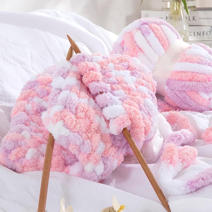 HOMBYS 8 Pack Giant Chunky Yarn - Super Bulky, Large Soft Fluffy, Tie Dye Plush Fuzzy, Mixed Color Thick Chenille Yarn for Crocheting/Hand Knitting (Pink, Purple)