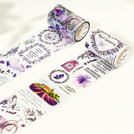 WT Pre-Cut Purple Muse Wide Washi Tape, Single Roll, Soft Purple Florals & Handwritten Script, Decorative Washi Tape for Journaling, Scrapbooking, Bujo, Planner, DIY Crafts, 70mm×5m