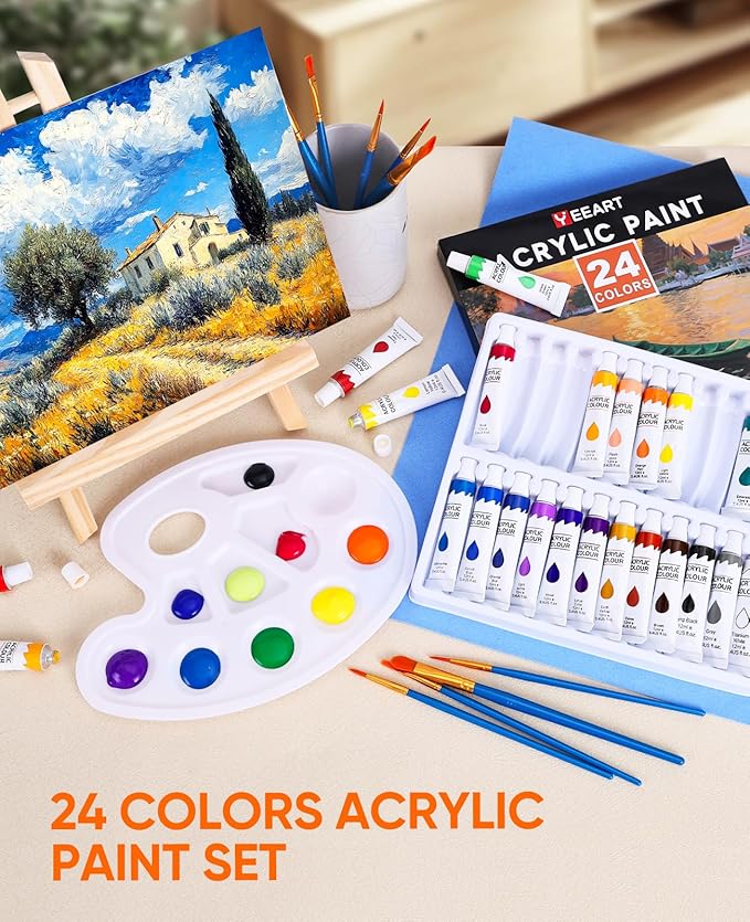 Yeeart Acrylic Paint Set, 52 Piece Professional Painting Supplies Kit with Wood Easel and Paiting Paper, 24 Colors Acrylic Paint, 2 * 10 Brushes, Premium Paint Kit