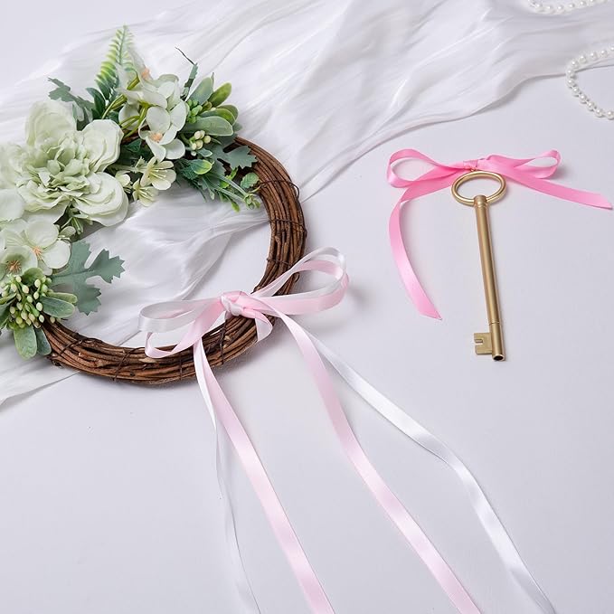 Pink Double Face Satin Ribbon 3/8 Inch x 45 Yards White Fabric Ribbon for Gift Wrapping, Flower Bouquets, Hair Bows Making, Wedding Decoration, Invitation Cards, Valentine's Day (3 Rolls *15Yd)