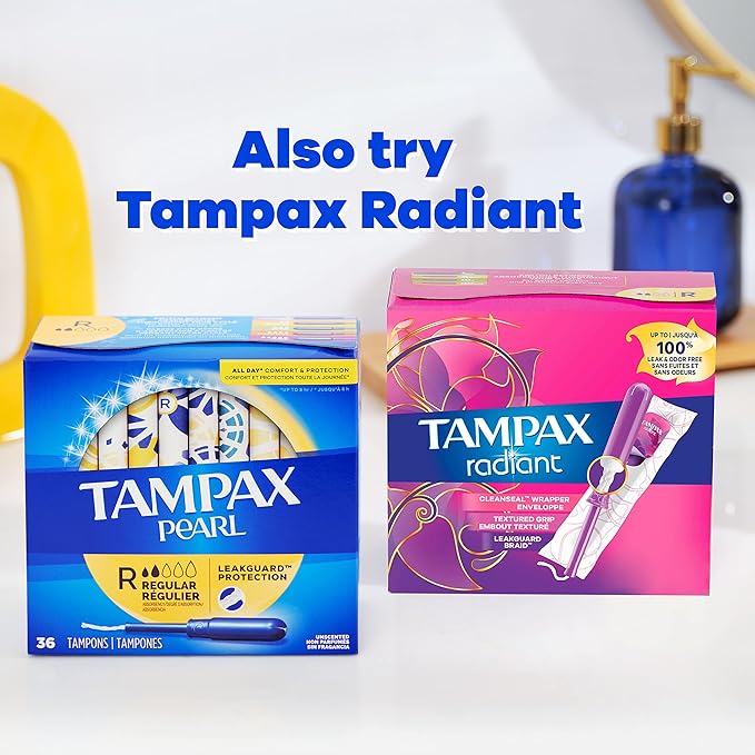 Tampax Pearl Tampons Regular Absorbency, with Leakguard Braid, Unscented, 50 Count (Pack of 2)