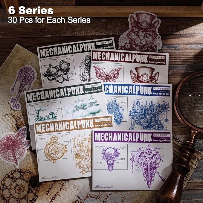 Retro Steampunk Washi Stickers, 180 Pcs Mechanical Ephemera for Scrapbooking, Journaling, DIY Crafts, and Art Supplies