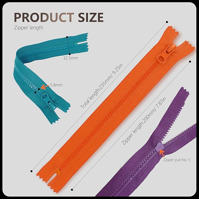 20Pcs Resin Zippers #5 Non-Separating Close-End Zipper with Pulls for Sewing Clothing Bag Outerwear Pockets Handbag Crafts DIY Mixed 20 Colors (20cm/8in)