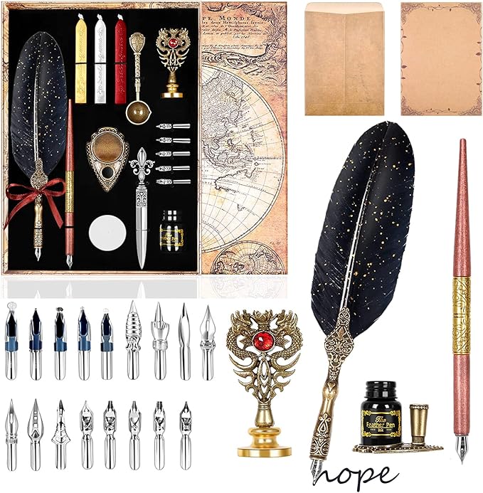 Quill Pen Ink Set,Includes Feather Pen and wooden dip pen, Ink,17 Replacement Nib,Pen Nib Base,3 Wax Seal Sticks,Stamp,White Wax,Spoon, Envelope Letter Paper,envelope tool (Black)