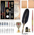 Quill Pen Ink Set,Includes Feather Pen and wooden dip pen, Ink,17 Replacement Nib,Pen Nib Base,3 Wax Seal Sticks,Stamp,White Wax,Spoon, Envelope Letter Paper,envelope tool (Black)