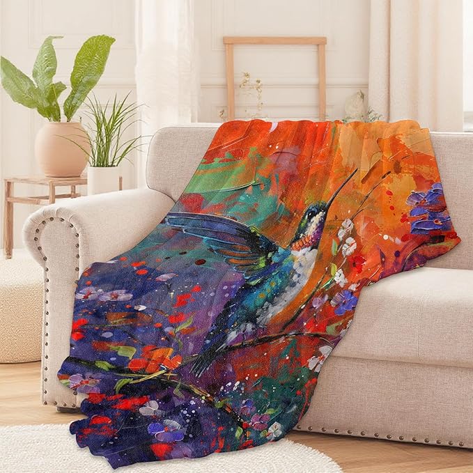 Colorful Hummingbird Throw Blanket for Boys Girls Kids Adults Women, Fuzzy Warm Soft Cozy Flannel Blankets Gifts for Bedroom, Couch, Travel, Home Decor 60x80 in