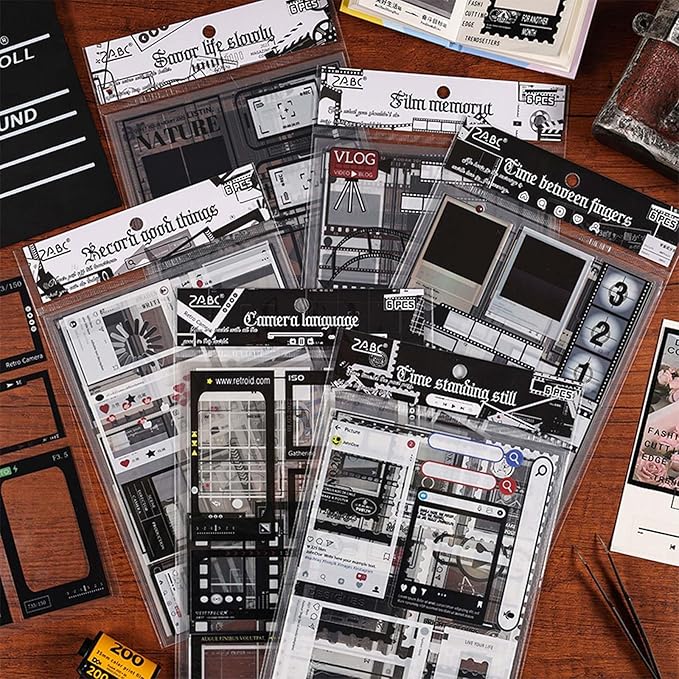 Vintage Camera Film Stickers for Scrapbooking,36 Sheets Transparent PET Photo Frame Stickers with 300+ Retro Designs for Journal and Photo Album Decoration