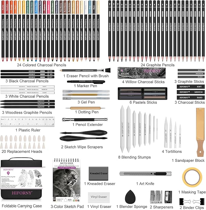 HIFORNY 126 PCS Drawing Kit Sketching Pencil Set,Sketch Pencils Art Supplies with 3-Color Sketchbook,Graphite,Charcoal,Blending Tools,Drawing Pencils for Adults Artists in Zipper Case
