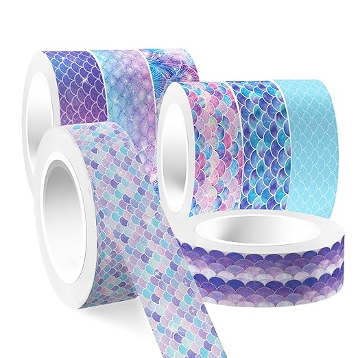 12 Pcs Mermaid Washi Tapes Set Mermaid Pattern Masking Tape Mermaid Themed Decorative Tape Mermaid Printed Decorative for DIY, Planner, Scrapbooking, and Party Decor