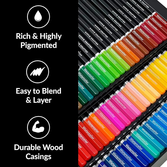 HIPPIE CRAFTER Watercolor Colored Pencils, Professional 72-Piece Set, Bulk Water Color Pencils for Adult Coloring, Painting, Drawing, and Art for Artists and Beginners