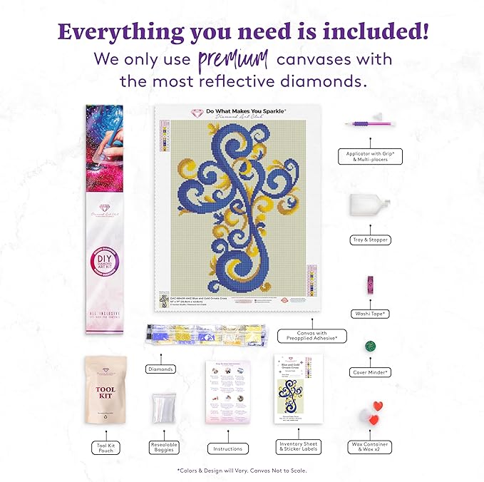 DIAMOND ART CLUB Blue and Gold Ornate Cross Diamond Painting Kit, Fun DIY Crafts for Adults and All Ages, Round Diamond Art Canvas for Beginners, 13" x 17" (32.8 x 42.6 cm)