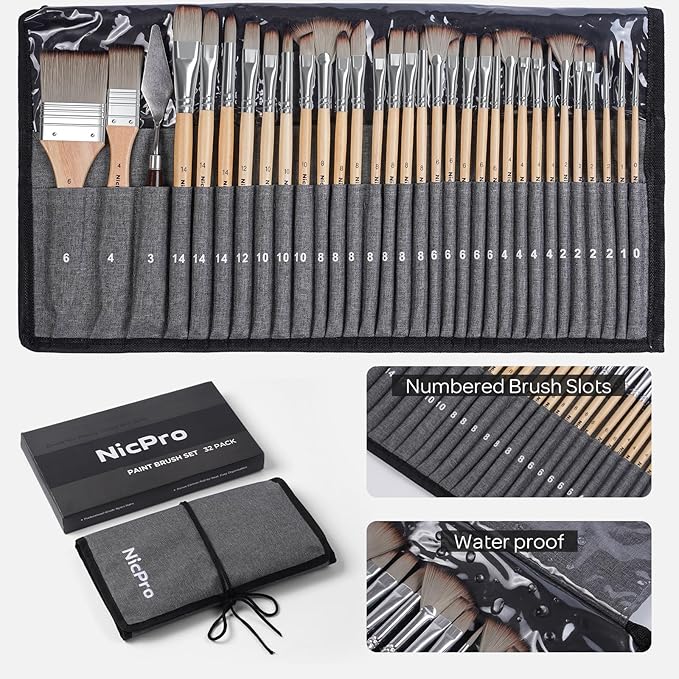 Nicpro 32pcs Paint Brush Set, Acrylic Paint Brushes, Professional Artist Series with Paint Spatula and Cloth Roll, Paintbrushes for Oil, Acrylic Canvas Paintings, Watercolor, Art Supplies