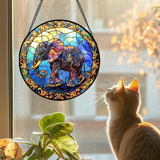 Stained Glass Window Hanging - Blue Elephant Suncatcher for Door Terrace Garden Home Decor, Yellow Retro Sun Catcher Birthday Gifts for Lovers Women Men Dad Mom Nana 9.8 in