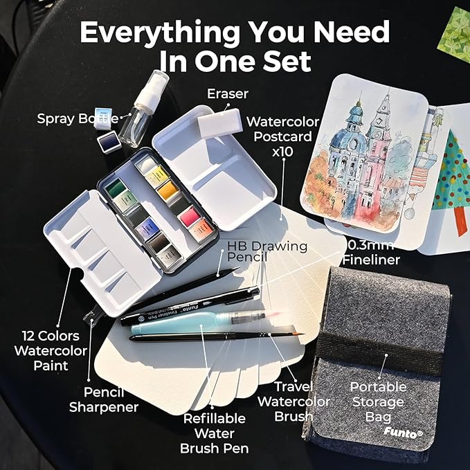 Funto Travel Watercolor Set, 12-Color Paint, 10 Premium Postcards, Brush, Brush Pen, Fineliner, Pencil, Painting Set for Adults, Beginner, and Artists