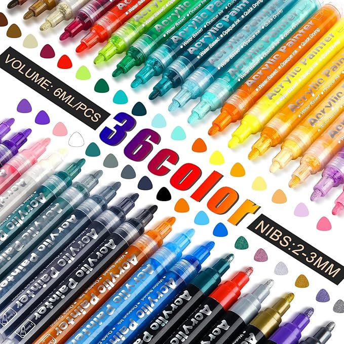 FUMILE 36 Colors Medium Tip Paint Pen Markers, Acrylic paint Markers with 100% More Ink for Wood, Rocks, Glass, Ceramic, Canvas,Paper,Eggs, Acrylic Paint Pens Set for Craft Projects,DIY.