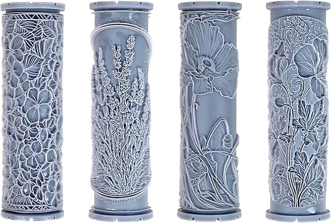Cottage Blooms 4-Pack Clay Texture Rollers (4") - Flower Set #02 - Embossing Pattern Rollers for Polymer & Ceramic Clay, Pottery & Crafts