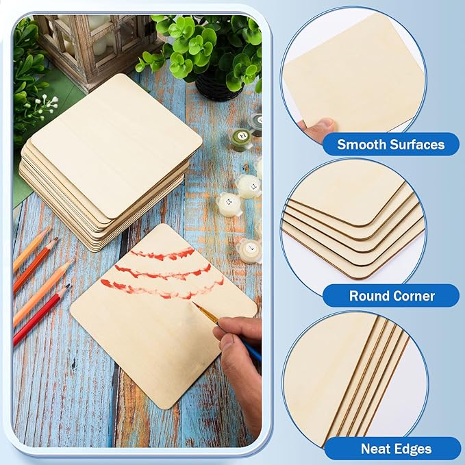 FOBSME 80 Pcs Unfinished Wood Pieces 5x5 Inch Blank Wooden Squares Cutouts Natural Wooden Square Slices for DIY Crafts, Painting, Engraving, Pyrography, Holiday Decor, Coasters, Home Decorations