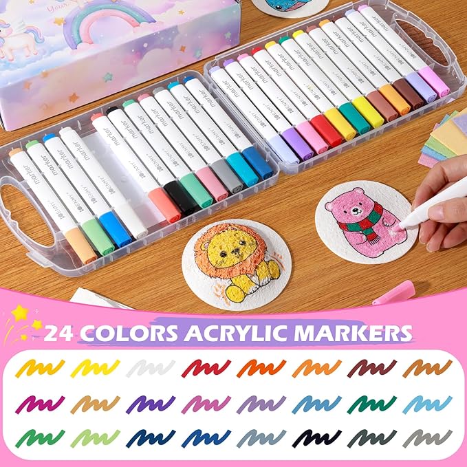 80 Pcs Magic 3D Foam Texture Painting Kit, Magic Puffy Paint Kit, Including 48 Pcs Foam Texture Paper, 24 Colors Acrylic Marker Pen, 4 Drawing Templates, 2 Water Brushes, Art Painting Kits (Pink)