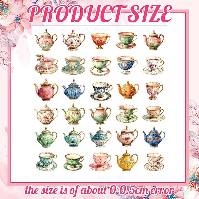 300 Pcs Vintage Tea Cups Stickers Rustic Mini Tea Time Stickers Party Favors Aesthetic Waterproof Vinyl Decals Pack for Water Bottles Scrapbooking Laptop Luggage Phone Skateboard