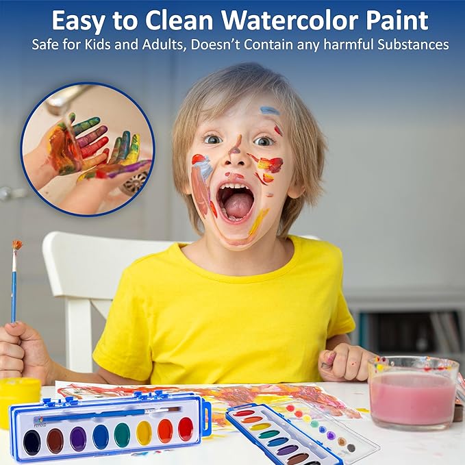 (Pack of 12) Water Color Paint Sets for Kids - Bulk Watercolor Kits for School, Classroom & Birthday Parties - Mini Paint Sets with 8, Non-Toxic Colors with ASTM D-4236 Certified, Each Perfect for Toddlers, Young Artists & Creative Learning