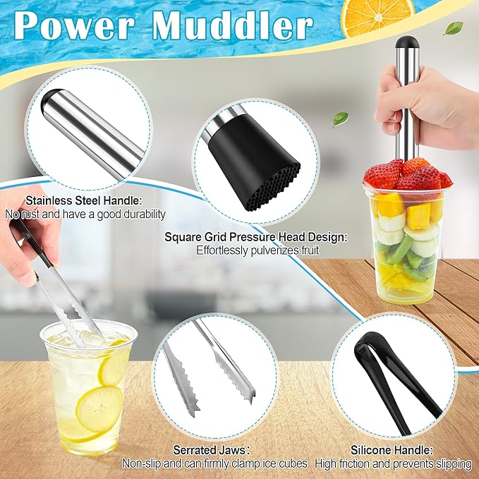 5Pcs Straw Hole Puncher Set, Luxiv 304 Stainless Steel Straw Puncher for Plastic Lids Hole Punching Tools for Drinks Coffee Lemonade Stand Tool Set with Muddler, Stirring Rod, Ice Tweezers, Brush