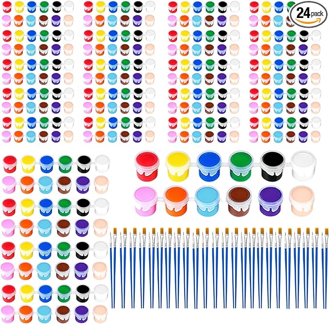 24 Pack Mini Acrylic Paint Set, 12 Colors Washable Acrylic Paint Strips with 48Pcs Painting Brushes for Kids&Adults Paint, 336 PCS Kids Painting Kit for Birthday Party Favor, Classroom, Art Gift