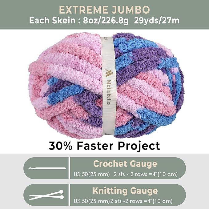 Jumbo Chunky Yarn for Hand Knitting - Super Thick Chenille Chunky Yarn for Crocheting - Extra Soft Bulky Fluffy Blanket Big Yarns 8 Jumbo Pack (27yds,8 oz Each Skein)