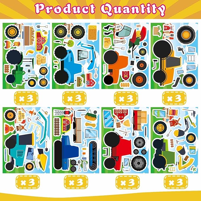 24 Sheets 8''×6'' Make Your Own Farm Tractor Stickers for Toddlers Kids Party Favors, Make a Face Sticker, Fall Autumn Stickers for Kids Farm Themed Birthday Party Favors Supplies Crafts (8 Designs)