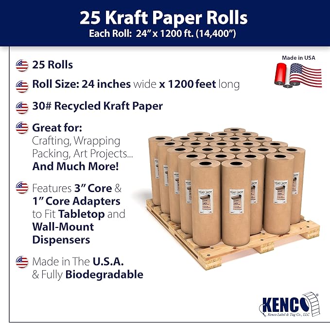 Brown Kraft Paper Roll - 24 Inch X 1200 Feet - for Gift Wrapping, Crafts, Packing, Void Filling - Made in The USA (Kraft Half Pallet 25 Rolls)