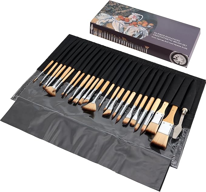 Paint Brush Set, 25 Pcs Professional Paint Brushes for Acrylic Painting with Birch Handle, Canvas Bag, Flexible and Elastic Nylon Wool, Strong Water Absorption, for Oil, Watercolor, and Gouache