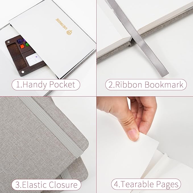 Vienrose Watercolor Sketchbook, 5.5"x5.5" Watercolor Journal with 24 Sheets 140 LB (300 GSM) Cotton Watercolor Paper, Grey Linen Cover Water Coloring Sketch Book As Travel Notebook