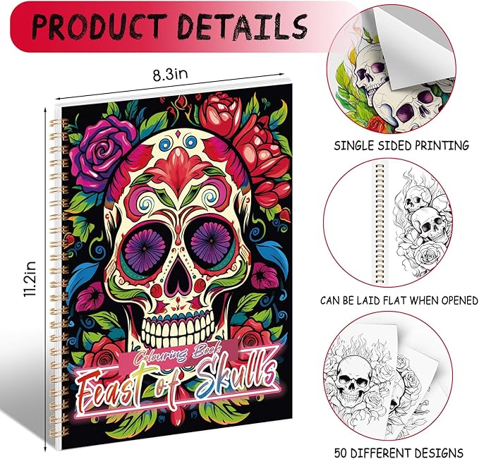 Tlenpo Sugar Skull Coloring Book for Adult Women Relaxation, Spiral Bound, Printed Single-Sided, Adult Coloring Book for Women Arts and Crafts Sugar Skull Mindfulness Gift with 50 Pages