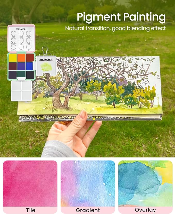 Woomer Watercolor Paint Set, 9 Vivid Colors Travel Watercolor Paint with 2 Foldable Palettes, Wash Cup, Perfect Water Color Set for Beginner Enthusiast Pro Gift