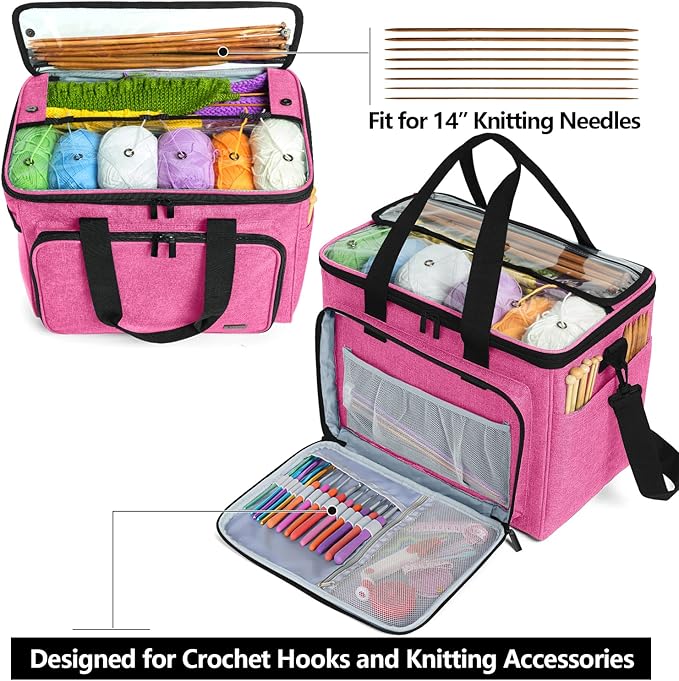 Teamoy Knitting Bag, Yarn Tote Organizer with Inner Divider (Sewn to Bottom) for Crochet Hooks, Knitting Needles(Up to 14”), Project and Supplies -No Accessories Included, Pink
