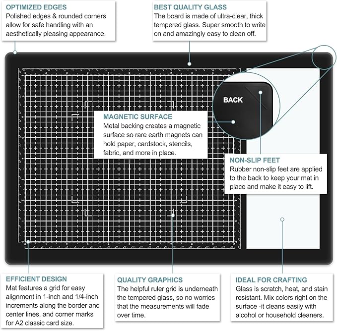 9Pcs/SetMagnetic Glass Craft Mat Set; 15.75"x10.24"Heat Resistant Glass Media Cutting Mat W/MagnetsGridlines and measurements; for Cutting, Stamping, Mixed Media, Heat Embossing and Hot Glue Projects