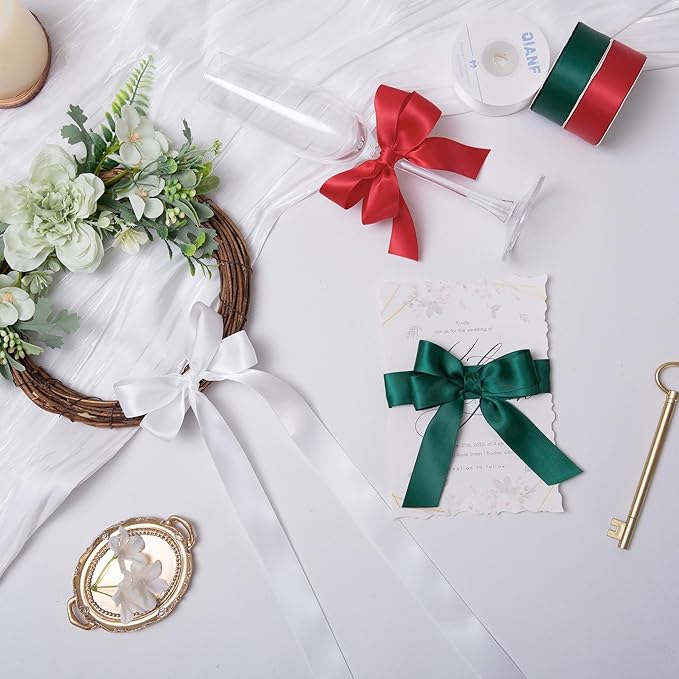 Red/Dark Green/White Double Face Satin Ribbon 1 Inch x 45 Yards Fabric Ribbon for Gift Wrapping, Flower Bouquets, Hair Bows Making, Wedding Decoration, Christmas (3 Rolls *15Yd)