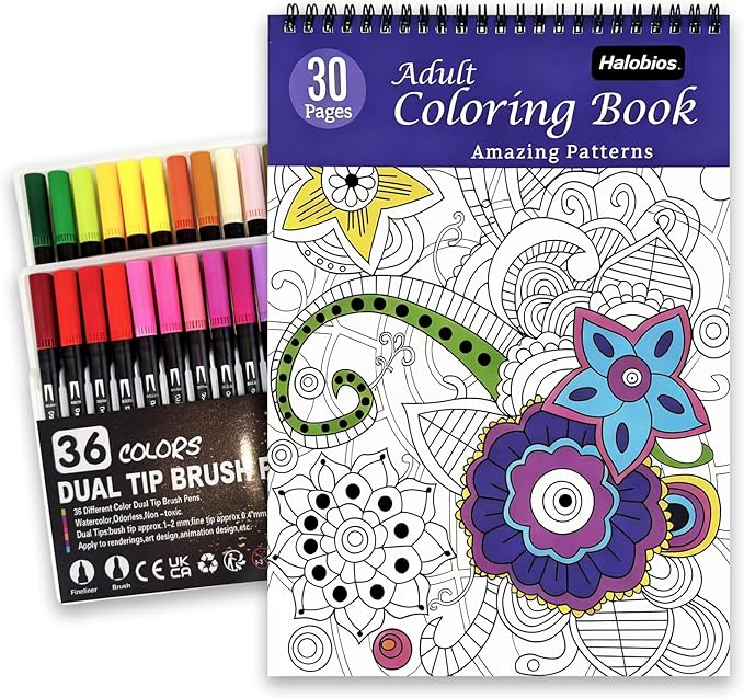 Adult Coloring Book Set with 36 Dual-Tip Markers, 30 Patterns Spiral Bound Coloring Book for Adults Relaxation, Crafts for Adults Women, Anxiety Relief Mindfulness Relaxation Gifts for Adult
