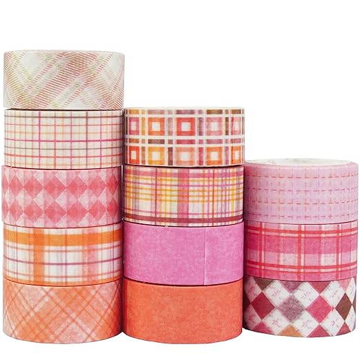 YUBX Basic Grid Washi Tape Set 12 Rolls Plaid Decorative Masking Tapes for Arts, DIY Crafts, Journals, Planners, Scrapbook, Wrapping (Pink)