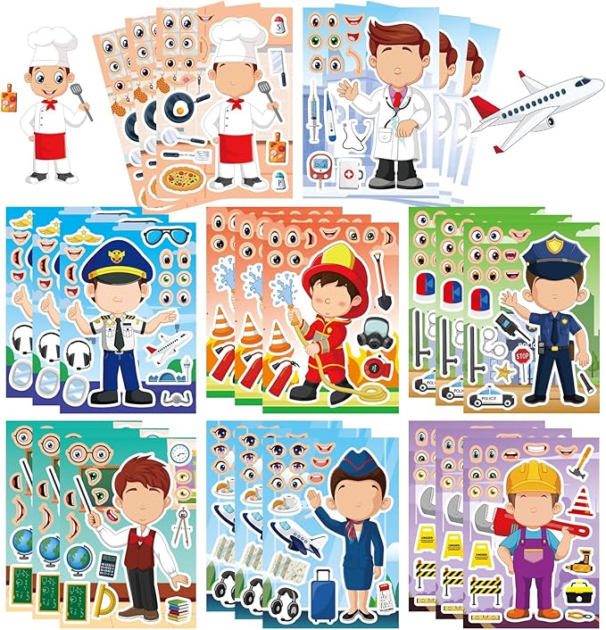 DUJAA 24 Sheets Occupation Post Stickers, Educational Stickers for Kids, Firefighter Doctor Policeman Chef Teacher, Color, Paper, Cartoon, Rectangular, Indoor/Outdoor, 24 Count