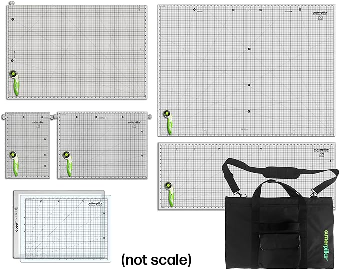 CUTTERPILLAR TRAVEL BUNDLE FOR SEWING & QUILTING - Glow Elite Mini LED Light Board, with Translucent, Self-Healing Cutting Mat - FLIP and FOLD 48 5-mats-in-1 - Glow Storage Tote