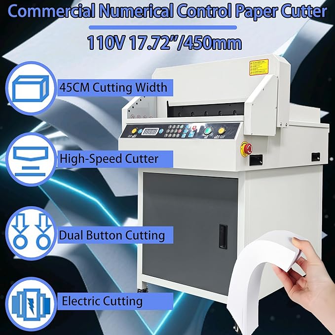 Commercial Electric Paper Cutter Guillotine 45cm Cutting Width NC Control Movable Paper Trimmer with LCD Display Storage Cabinet Two-Hand Safety Operation 110V for Books Pictures Files