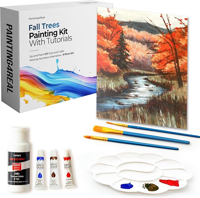 Painting4Real DIY Art Painting Kit for Adults – Learn to Paint Fall Trees with Video Tutorials – 9 Pieces Acrylic Paint Set for Adults –Perfect Christmas Crafts & Holiday Gifts for Art Lovers