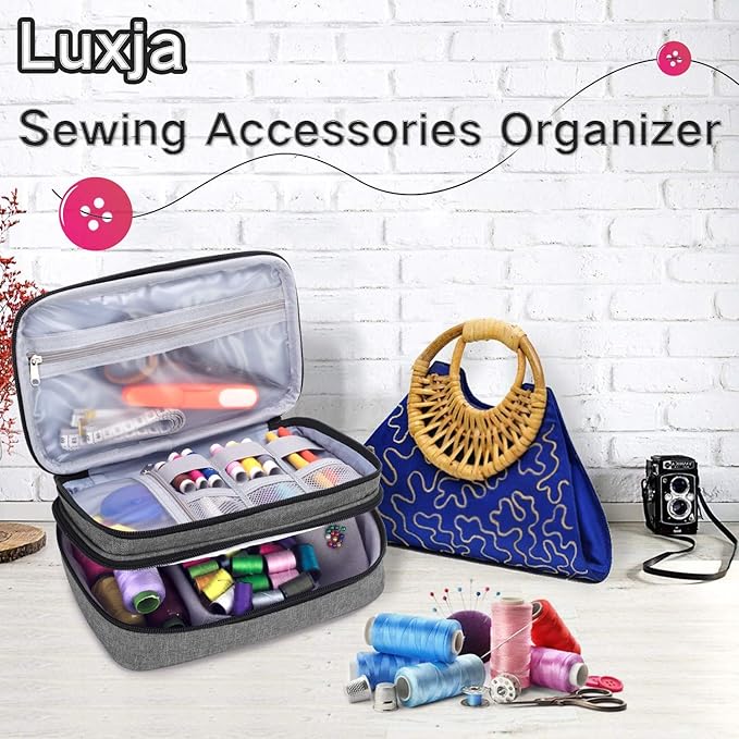 Luxja Sewing Accessories Organizer, Double-Layer Sewing Supplies Organizer for Needles, Scissors, Measuring Tape, Thread and Other Sewing Tools (NO Accessories Included), Gray