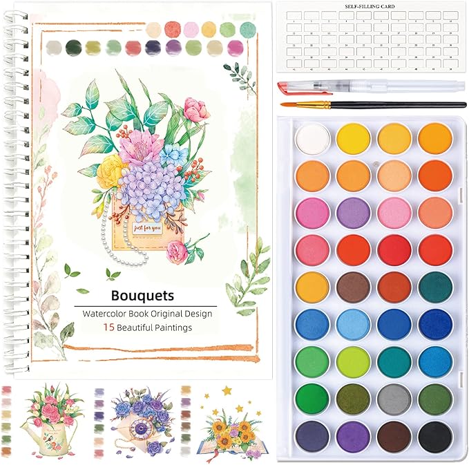 Watercolor Workbooks,36 Colors Water Color Books Paint Set for Adults, Watercolor Coloring Book for Beginners, Water Color Workbook, 15 Beautiful Paintings