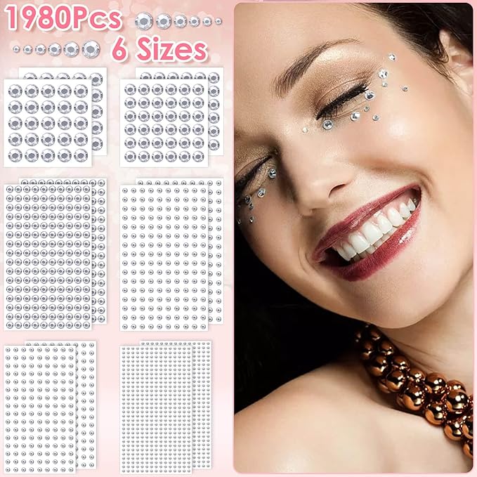 1980Pcs Self Adhesive Clear Rhinestones Stickers, Shynek Stick on Rhinestone Gems face Jewels for Hair, Face, Makeup, Crafts, 6 Sizes