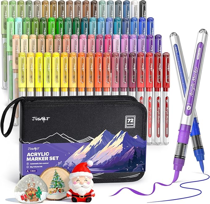 JusArt 72 Colors Acrylic Paint Markers with Canvas Bag, Water-Based No-Bleed Paint Pens with Automatic Ink Control, Waterproof Brush Tip Markers for DIY Art & Crafts -Fabric, Rock, Wood, Glass, Metal