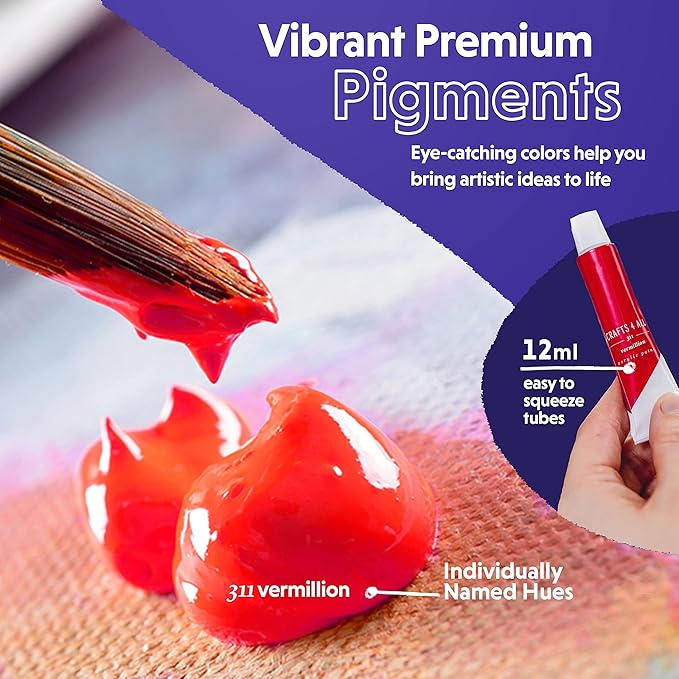 Acrylic Paint Set for Adults and Kids - 12 Pack of 12mL Paints with 3 Art Brushes, Non-Toxic Craft Paint for Easter Eggs, Ceramic Rock Paint - Art Supplies